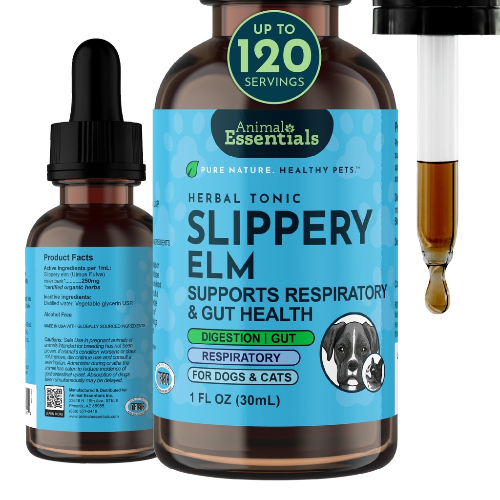 Animal Essentials Slippery Elm - Slippery Elm Bark Tales Drops for Dogs and Cats, Organic Herbal Extract for Heally Gut, Digetial & Throat Dups, Helling Acid Reflux, Formula- 1 fl oz