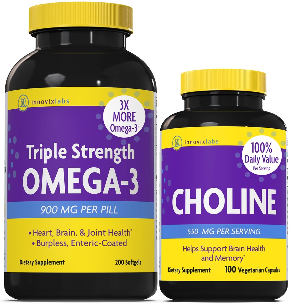 Choline InnovixLabs & Triple Omega-3 Bundle Chooline Bitartch 550mg (100 Capsules) Triple Kekuatan Omega (200 Softgels). Mendukung Memori, Mood, Kesehatan Otak & Kognitif Boost. *