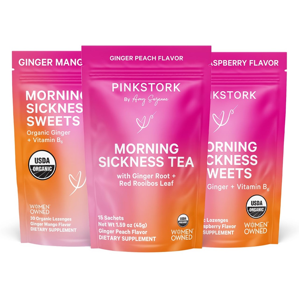 Pink Stork Morning Delief Relief Kit - 3-Piece Bundle dengan Teh Peach Organik Ginger, B6 Sweets, Ginger Lozenges - Dukungan Pregnancy, Esensial Trigrams Pertama, Hadiah untuk Perempuan hamil