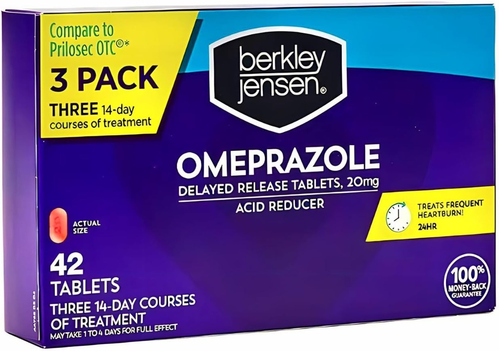 Berkley jensen Omeprazole 20 mg Delayed Rilis Tablet - Heartburn - Acid Reducer Pills - Trets Freedent Heartburn - 3 x 14-Day Courses, 42 Count Total (Pack of 1)