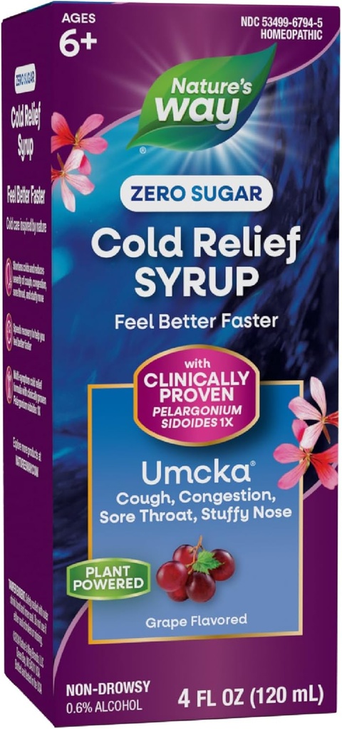 Nature 's Way Cold Relief Zero Sugar Syrup, Umcka, Homeopatik, Shortens Colds, Sore Throat, Batuk, Hamil, Stuffy Nose, Fhenylephrine Free, Grape Flavored, 4 Fl Oz (Packaging May Wary)