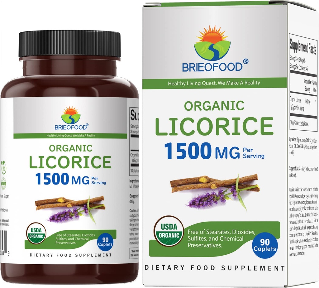 Brieofood Organic Licorice 1500mg, 45 Servis, Vegetarian, Gluten Free, 90 tablet Vegetarian
