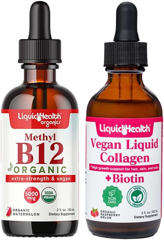 Metode Organik LIQUIDHEALTH B12 5000mcg Tart Vitamin Drops dengan Tart Cherry Juice & 100% Vegan - Based Collagen Plus Biotin Drops - Natural Energy Boost, Improve Focus, Hair & Nail Growth, Skin Health