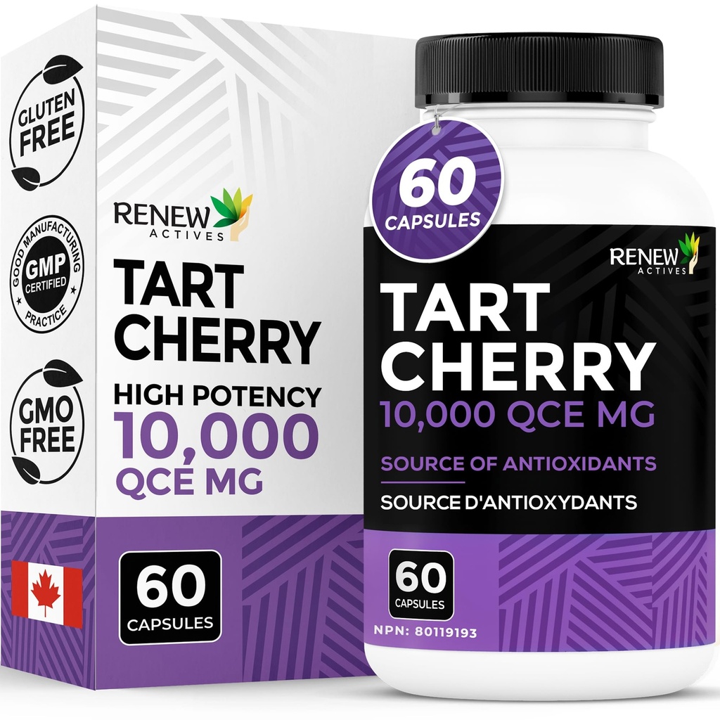 Renew Actives Tart Cherry Extra 500mg per 2 Capsules - Top-Potency Antioksidant untuk Free Radical Protection & Wellness - 60 Easy- to-Swallow Capsules - Made in Canada
