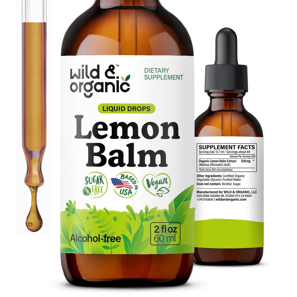 Wild & Organic Balm Drops - Relaxing Lemon Balm Leaf Extract Suplement - Calming Melissa Officinalis Tincture - Vegan, Sugar & Alcohol-Free - 2 fl oz