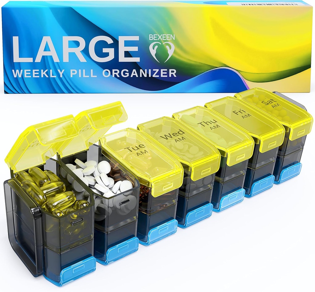 Ekstra Large Pill Organizer 2 Kali sehari - XL Pill Box 7 Day dengan Kompartemen Big AM / PM - Cocok Besar Vitamin, Suplemen & Gummies, untuk 7 atau 14 Hari Gunakan, Warna-Coded, Sensy-Friendly, Tidak Ada Spills
