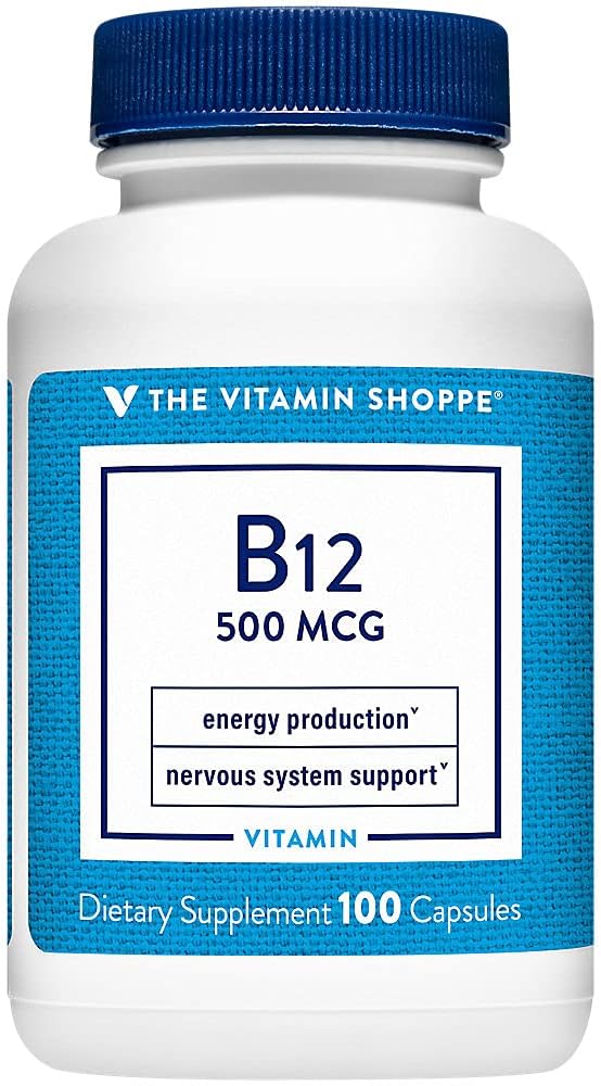The Vitamin Shoppe Vitamin B12 500mcg - Support Energy Production, Once Daily Dietary Suplement - Vitamin B-12 (As Cyanocobalamin), Gluten & Dairy Free (100 Kapsul)