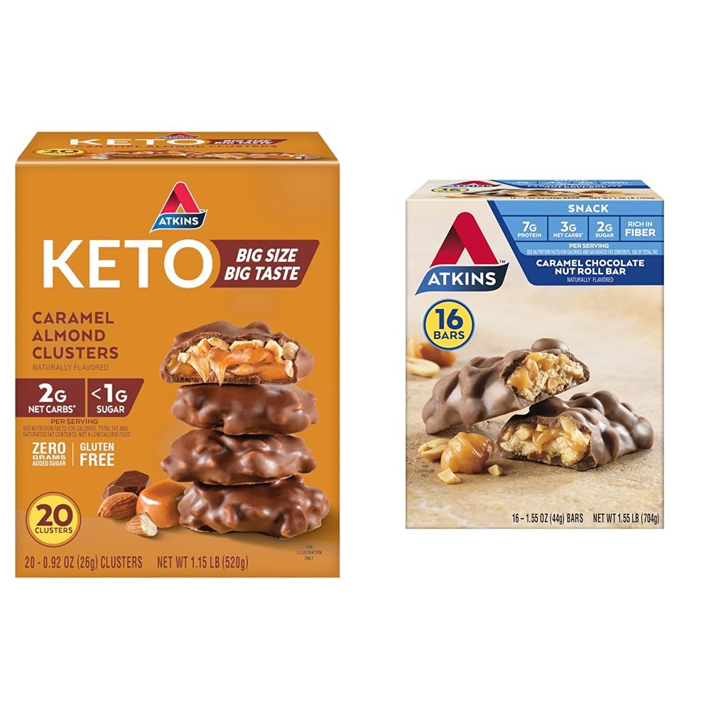 Atkins Caramel Almond Clusters, Gluten Free, High in Fiber, 1g Sugar, 2g Net Carb, Keto Friendly, 20 Count Chocolate Nut Roll Snack Bar, Protein Snack, High in Fiber, 2g Sugar, 16 Count