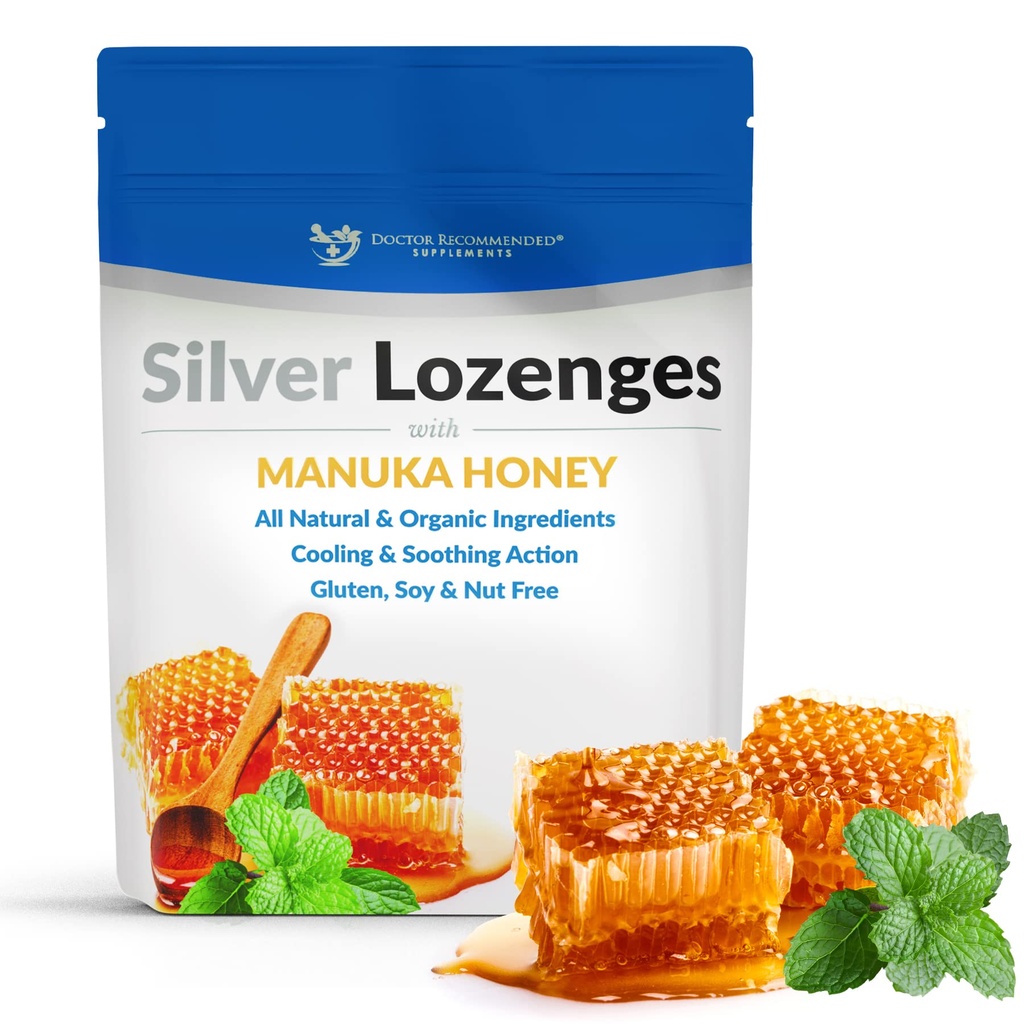 Silver Lozenges dengan Organic Manuka Honey dan Vitamin C - All-Natural Nano Silver 45- 50mcg 60 PPM Colloidal Silver Mineral Drops untuk mendukung Imune System, Soothe, Cool Cough & Throat, 24- Lozenges