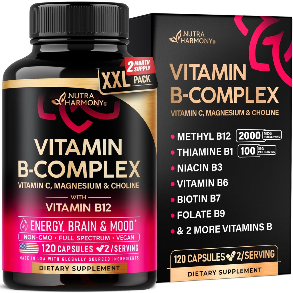 Vitamin B Complex for Men & Women - Made in USA - B-Complex: B1, B2, B5, B6, B8, B9, B12 with Vitamin C, Choline, Inositol - Energy, Brain & Heart Suplemen, 120 Vegan Capsules