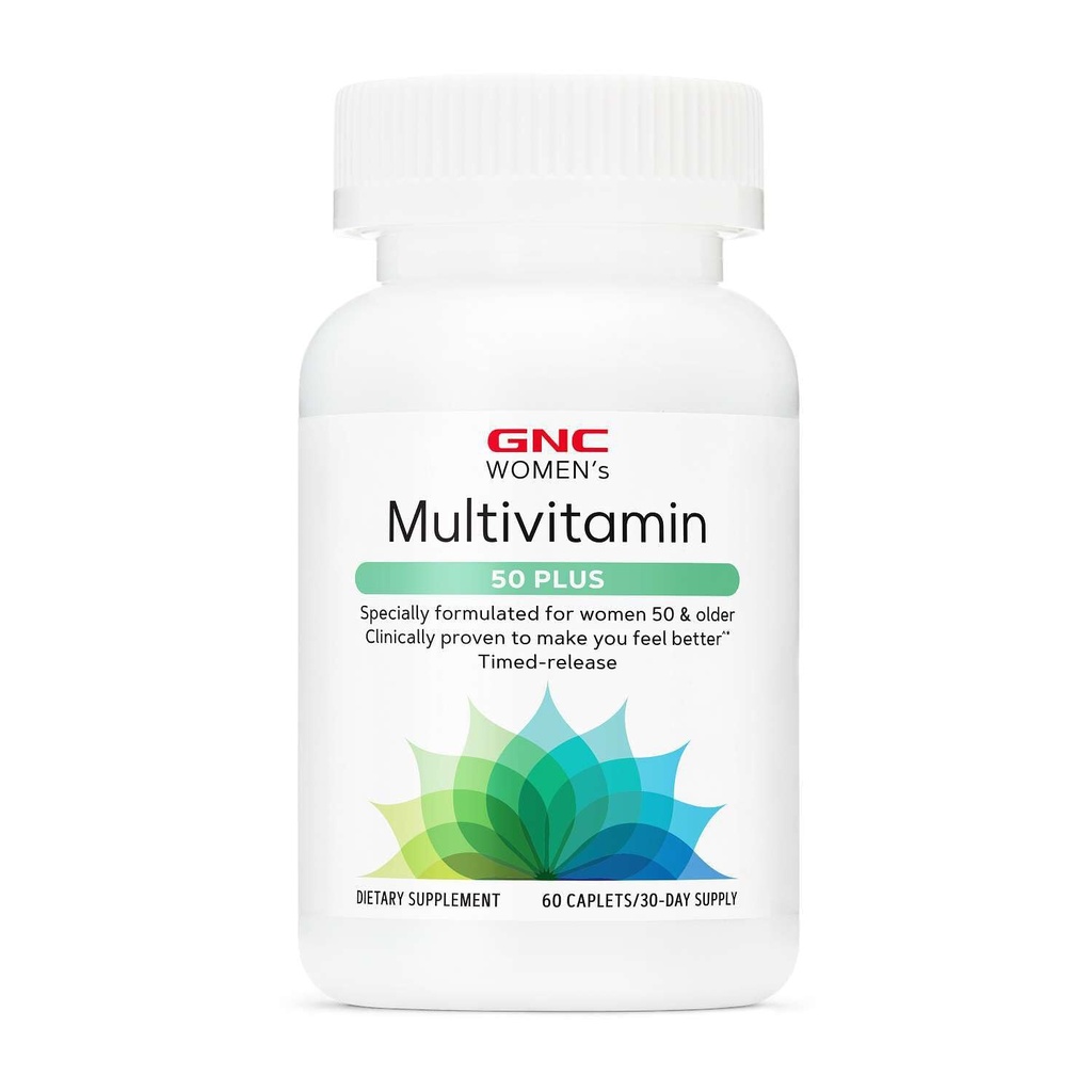 GNC Women 's Multivitamin 50 Plus, Supports Bone, Eye, Memory, Brain and Skin Health with Vitamin D, Kalsium dan B12, Helping Increase Energy Production, 60 Caplets