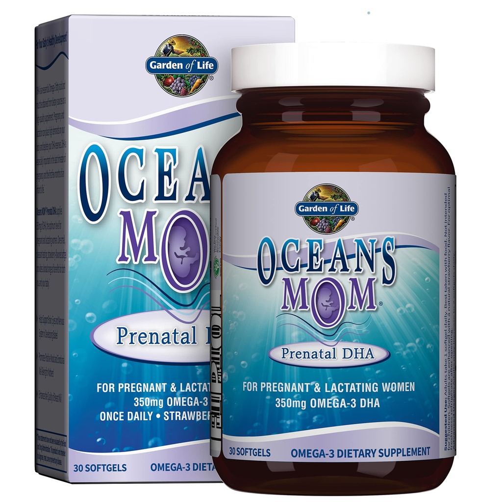 Taman Kehidupan Oceans Mom Prenatal Fish Oil DHA, Omega 3 Suplement - Strawberry, 350mg Prenatal DHA Pregnancy Fish Oil Dukungan untuk Mamas, Babys Brain & Eye Development, 30 Small Softgels