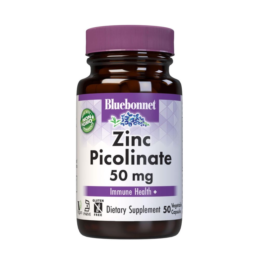 Nutrition Bluebonnet Zinc Picolinate, Hormonal & Imune, Prostate Health, Skin, Vegan, Non GMO, Gluten, Soy & Milk Free, Kosher, White, 50 Count