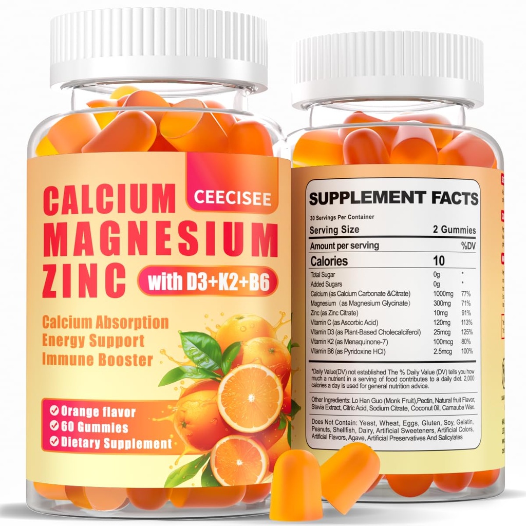 Kalsium Magnesium Zinc Gummies dengan D3 & B6 & K2.1000mg Calcium Gummies dengan 300mg Magnesium Dukung Kedewasaan dan Remaja, Gula Bebas (120Count)