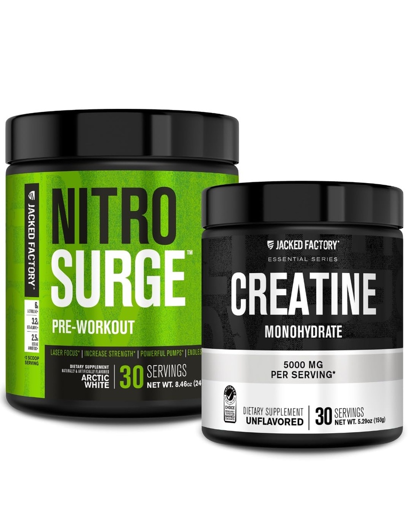 Jacked Factory NITROSURGE Pre Workout Suplemen (Arktik White) Creatine Monohydrate Powder 150g (Pertumbuhan Muscle, Peningkatan Kekuatan, Energi Enhanced