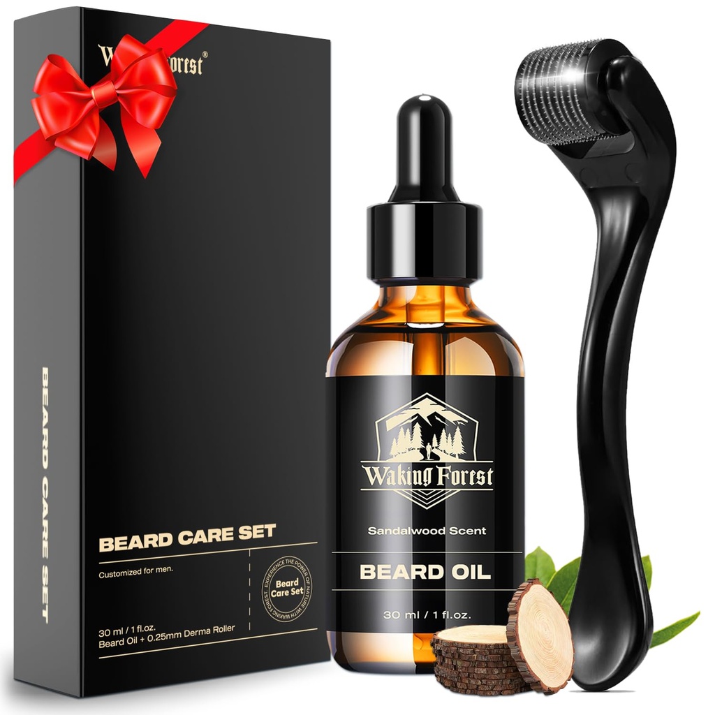 Waking Forest Derma Roller 0.25mm & Beard Oil (1oz), Sandalwood Beard Kit, Microneedle Beard dengan 540 Titanium, Moisturize Natural dengan Vitamin E Beard Oil for Men, Daddy Dad