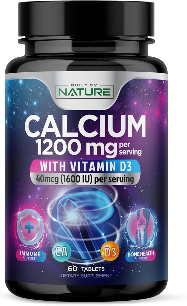 Kalsium 1200 mg dengan Vitamin D3 untuk Pelecehan Terbaik - Tambahan Dukungan Bone Lanjutan, 1200 mg Kalsium Karbonate & 1600 IU Vitamin D3, Pelepasan Imune Dukungan, 60 tablet Mudah
