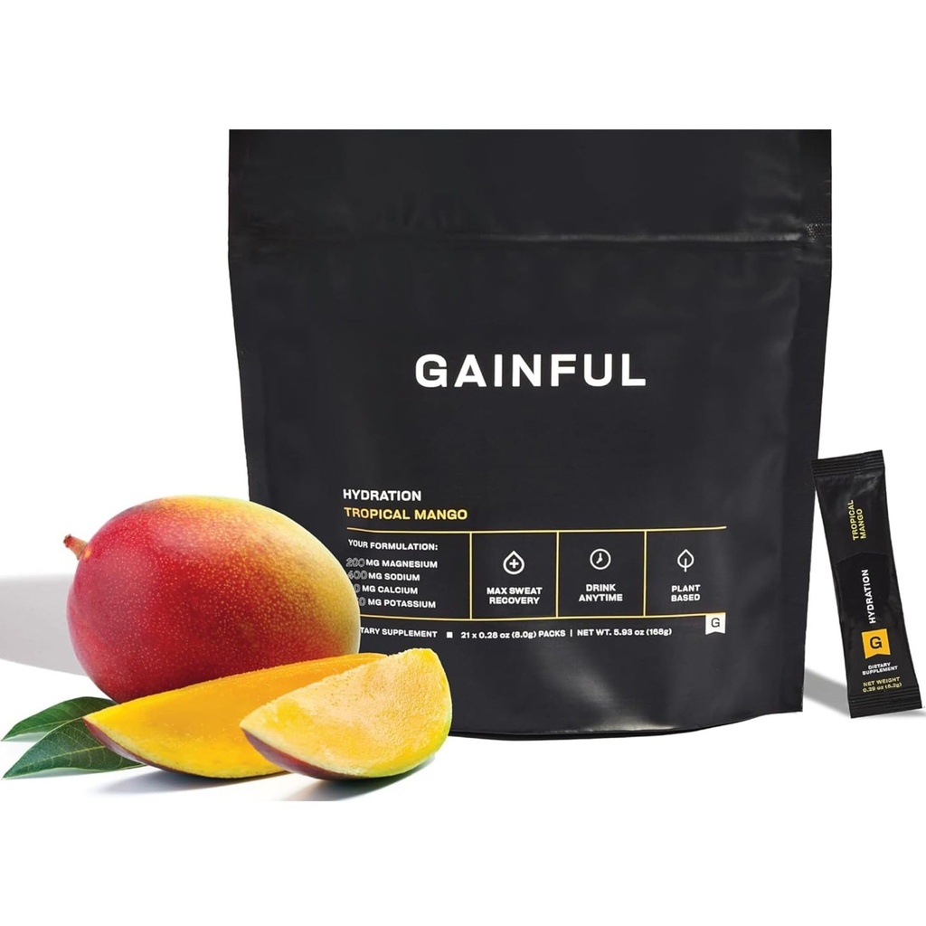 Paket Hidration Gainful, Caffeine Free dengan Key Electrolytes Magnesium dan Sodium, Dukungan Energi, Gula Rendah, Mango Tropical, 21 Tongkat