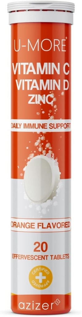 U- LEBIH Vitamin C 1000mg & Zinc + Vitamin D, 20 Effervescent Tablet, Orange Flavor, Suplemen Dukungan Imune, Penyimpangan Cepat, Boosts Immune System, Mendukung Skin sehat, Rambut, dan Nails