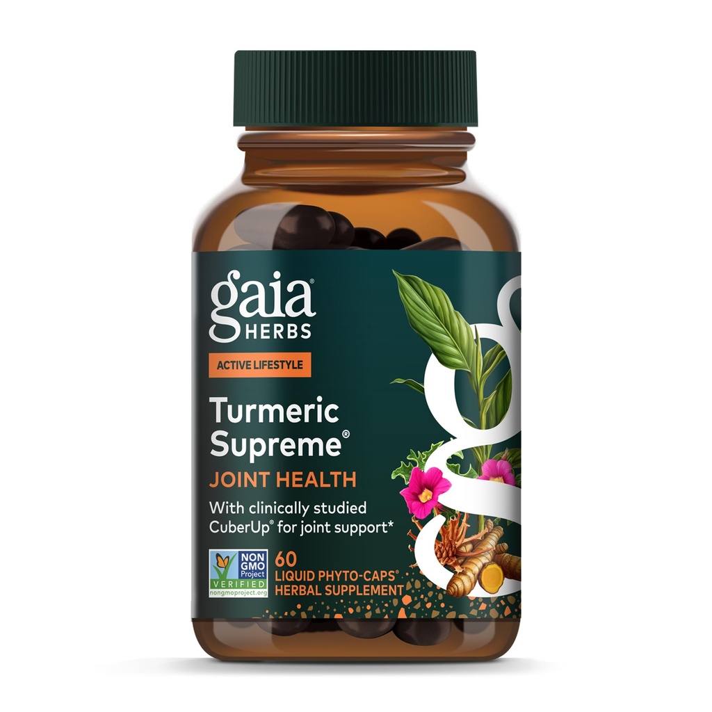 Gaia Herbs Supreme Turmeric Communied Health - Joint Dupport Suplemen - with Quercetin, Black Pepper, Boswellia, Ginger Root, Curcuminoid, & More - 60 Liquid Phyto- Capsules (15- Day Suppply)