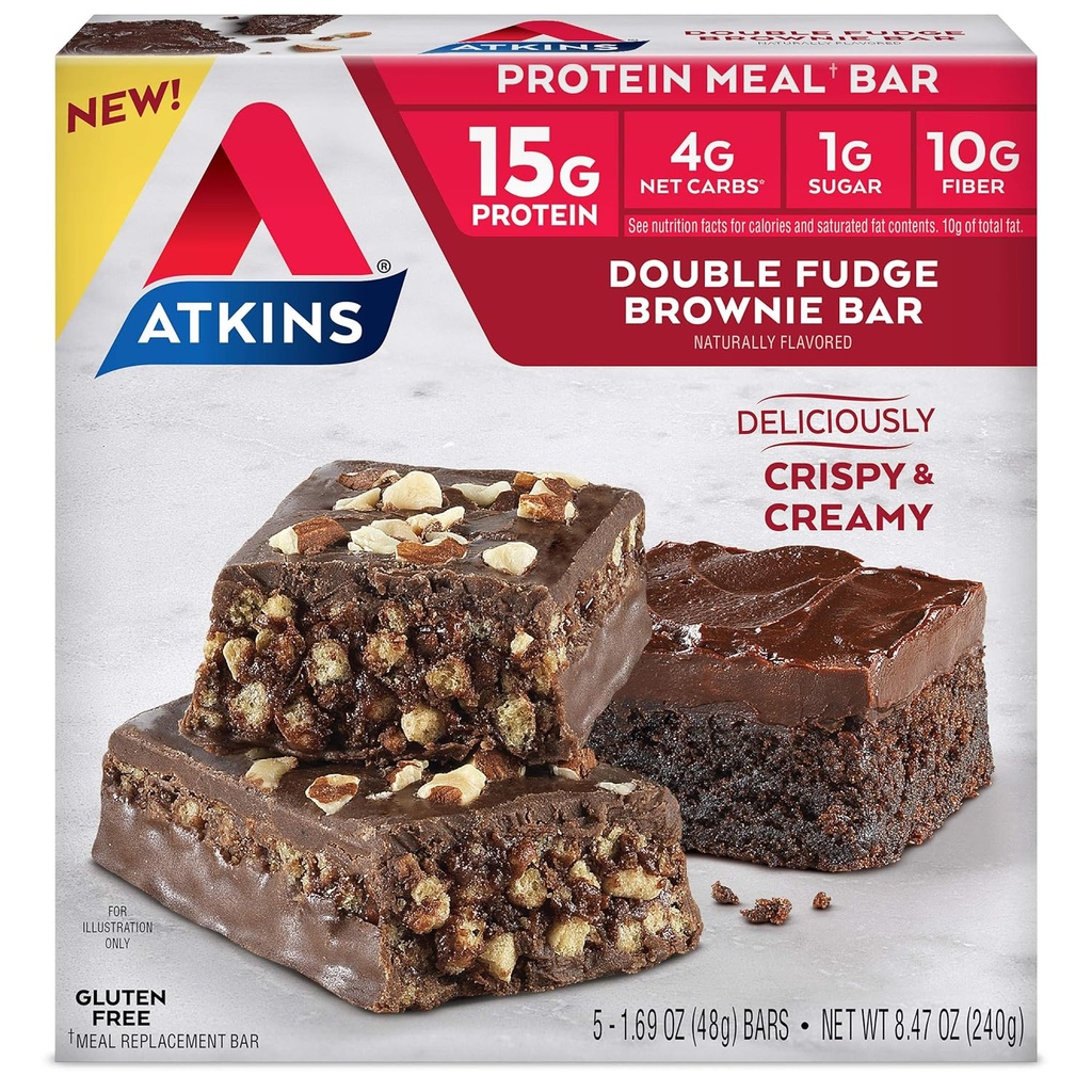 Atkins Double Fudge Brownie Protein Meal Bar, High Fiber, 15g Protein, 1g Sugar, 4g Net Carb, Pengganti Makanan, Keto Friendly