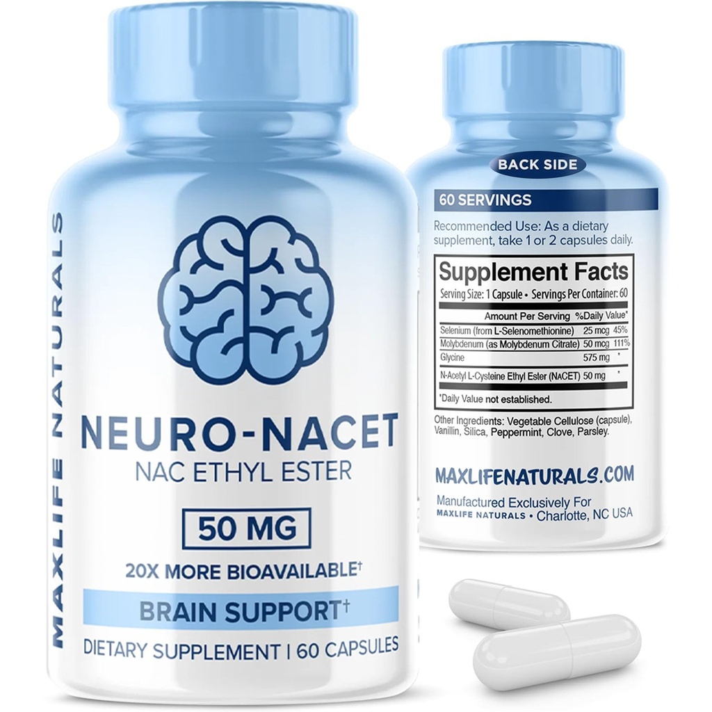 MaxLife Nacet Neuro Nacet NAcetyl L- Cysteine - 60 Kapsul - 20x Lebih Bioavailable Glycine NAC Tambahan N- Acetyl Cysteine Ethyl Ester dengan Selenium, 10x Glutathione Boost untuk Dukungan Otak & Lung