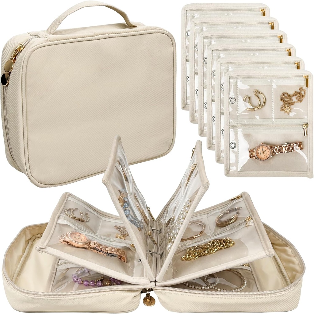 Case Travel Jewelry Organizer, Jewelry Bags Jewelry Storage Book Binder dengan Kantong Clear Zipper Velvet untuk Traveling, Earrings, Necklace, Brackets (White)