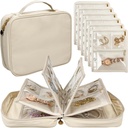 Case Travel Jewelry Organizer, Jewelry Bags Jewelry Storage Book Binder dengan Kantong Clear Zipper Velvet untuk Traveling, Earrings, Necklace, Brackets (White)