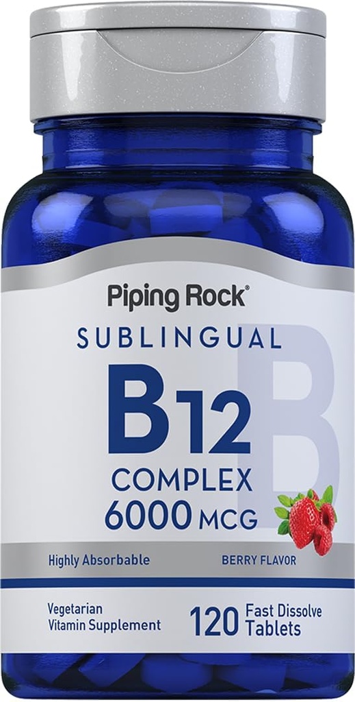 Piping Rock Sublingaal B12 Kompleks 6000 mcg 124; 120 Fast Dissolve Tablets; Berry Flavor 124; Vegetarian, Non-GMO & Gluten Bebas