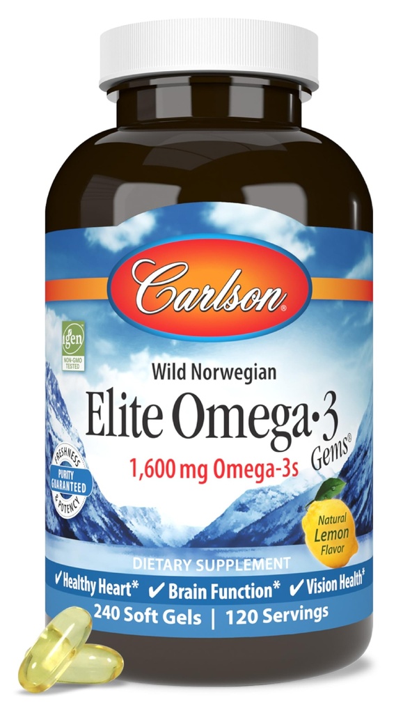 Carlson Elite Omega-3 Gems, 1600 mg Omega- 3 dengan EPA & DHA, Lemon Flavor, 240 Softgels - Wild- Menangkap Norwegia Minyak Ikan, Disediakan