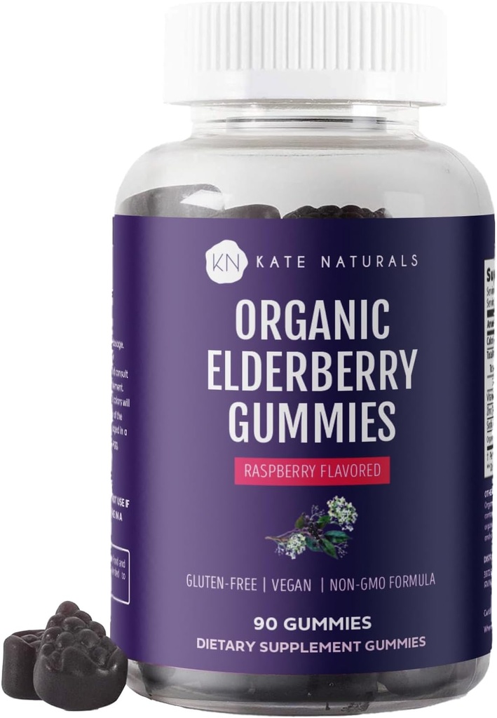 Kate Elderberry Gummies dengan Vitamin C dan Zinc untuk Orang dewasa & Anak-anak. Tasty Sambucus Elderberry Gummies for Immune Support (90 Gummies, 45 Day Suppply, Organik)
