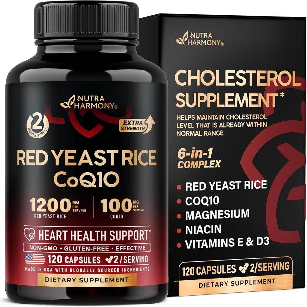 Red Yeast Rice 1200 mg dengan CoQ10 100 mg - dengan Magnesium 124; Niacin 124; Vitamin E & D3 - Dukungan Kesehatan Jantung, Energi & Metabolisme - Efektif, Flush- Free & Laboratorium - Dibuat di AS, 120 Capsules