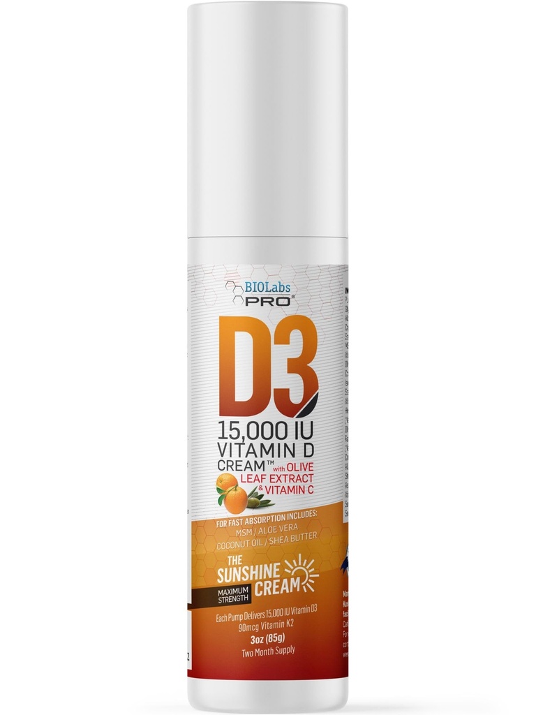 BIOLABS PRO All Natural Vitamin D3 15000IU Vitamin D Cream - Maximum Power - Fight Vitamin D Deficiency - with Vitamin K2 & Olive Leaf - Safe & Efektif (15,000IU - 3.0Oz)