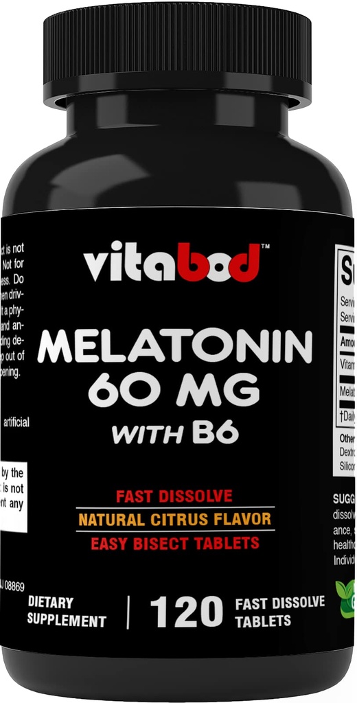 Melonatin 60 mg dengan Vitamin B6 - 120 Fast Dissolve Tablet Extract Strongs - Drug-Free - Natural Citrus Flavor - Vegetarian, Non-GMO, Gluten- Free