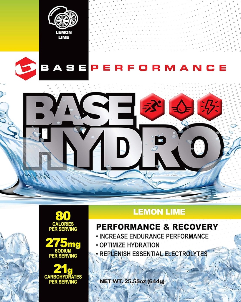 BASE Performance Hydro-Lemon Lime 126; 28 porsi dalam masing-masing eko- tas mylar ramah 124; Campuran dextrose, fruktosa, maltodextrin dan penting elektrolit.