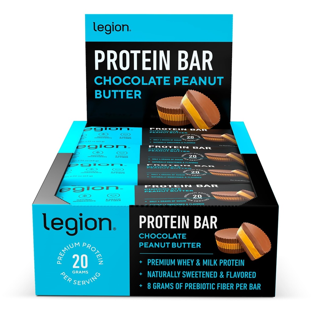 Legion Protein Cokelat Peanut Butter -100% Whey Protein, Baked Bars dengan Prebiotic Fiber - High Protein (20g) Fat Rendah (12g) Rendah Gula (4g), Tidak Soy, Gluten - Natural Flavors (12 Count)