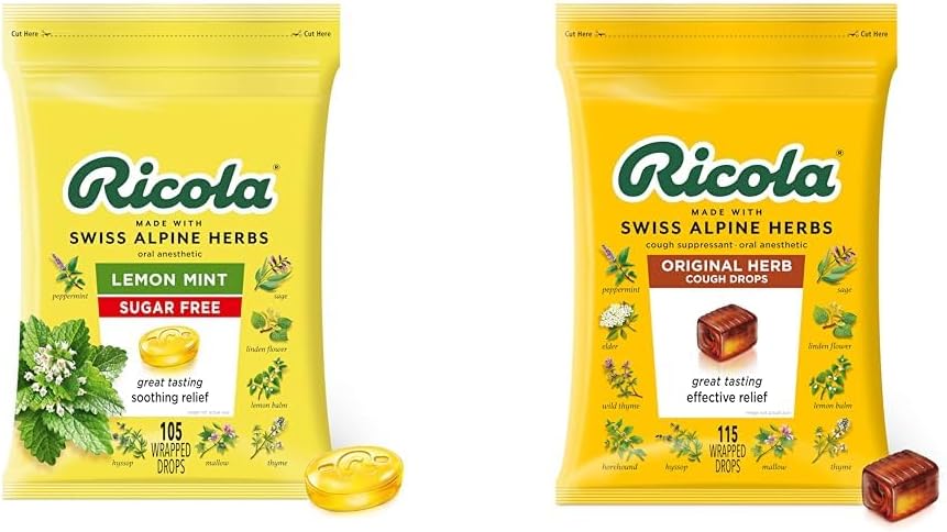 Ricola Sugar Free Lemon Mint Herbal Cough Supresant Throps, 105ct Bag & Original Natural Herb Drops, 115 Count, Cough Suppresan & Throat Relieving Drops