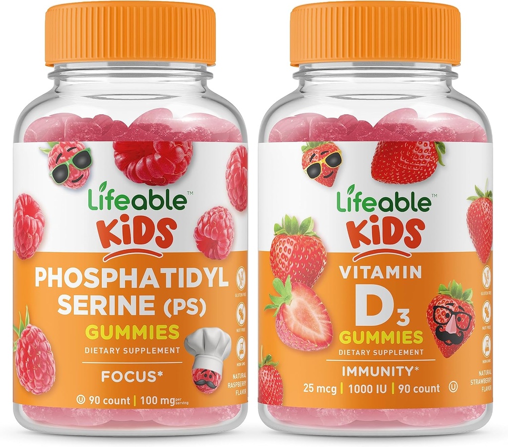 Lifeable Phoshatidyserine (PS) Anak-anak + Vitamin D Kids, Gummies Bundle - Tasting Besar, Suplemen Vitamin, Gluten Bebas, GMO Bebas, Gummy Chewable