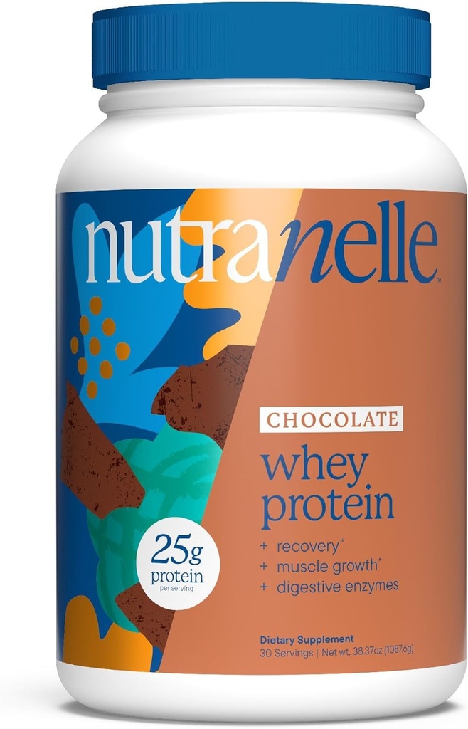 Nutranelle - Chocolate Whey Protein Powder - 25 g dari Whey Isolate & Konsentrasikan per Serving dengan Enzymes Digetical untuk Pertumbuhan Muscle & Recovery - Nol Ditambahkan Sugar Protein Gowder