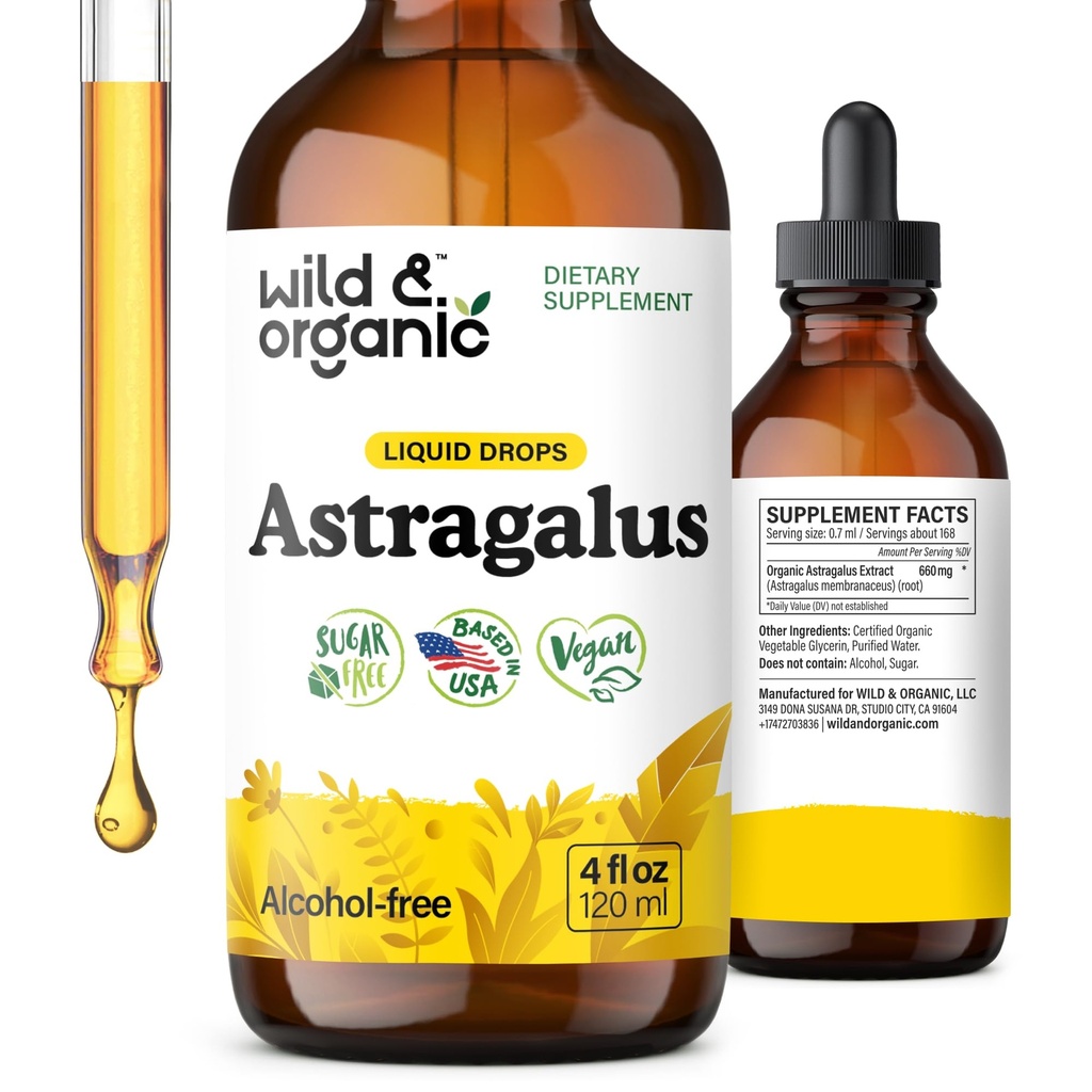 Wild & Organic Astragallus Tasture - Imune Suplemen Dukungan Imune w / Astragalus Root Extract - Vegan Tincture untuk kekebalan - Sugar & Alcohol- Free Drops - 4 flans oz