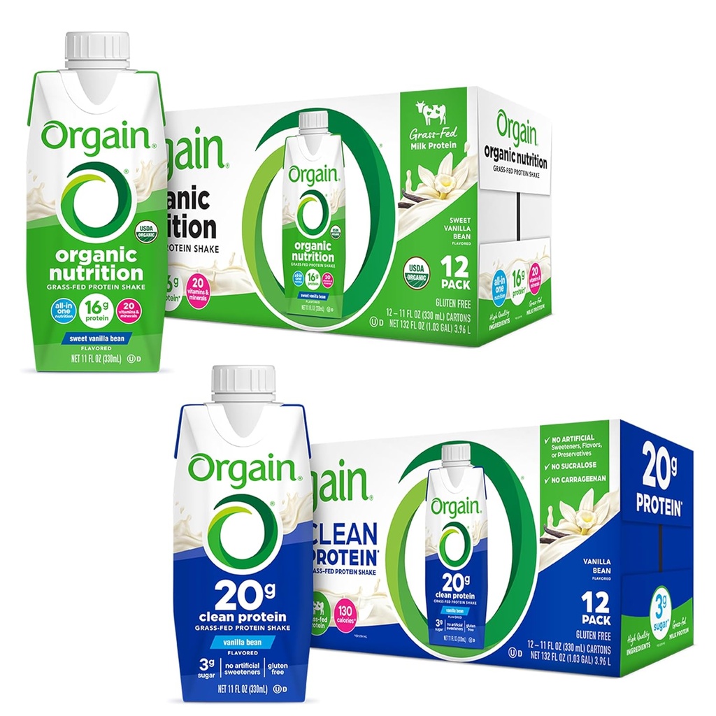 Orgain Protein Shakes Bundle - Grass Fed Whey dan Milk Protein, Vanilla Flavored (12 Pack)