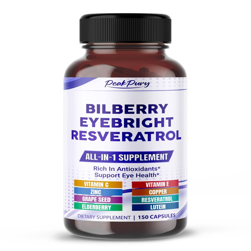 Semua-in-1 Bilberry Eyebright Astaxanthin Elveratrol Suplemen - Rich in Antioxidants & Sualth Mata - Dibuat di Amerika Serikat -150 Kapsul