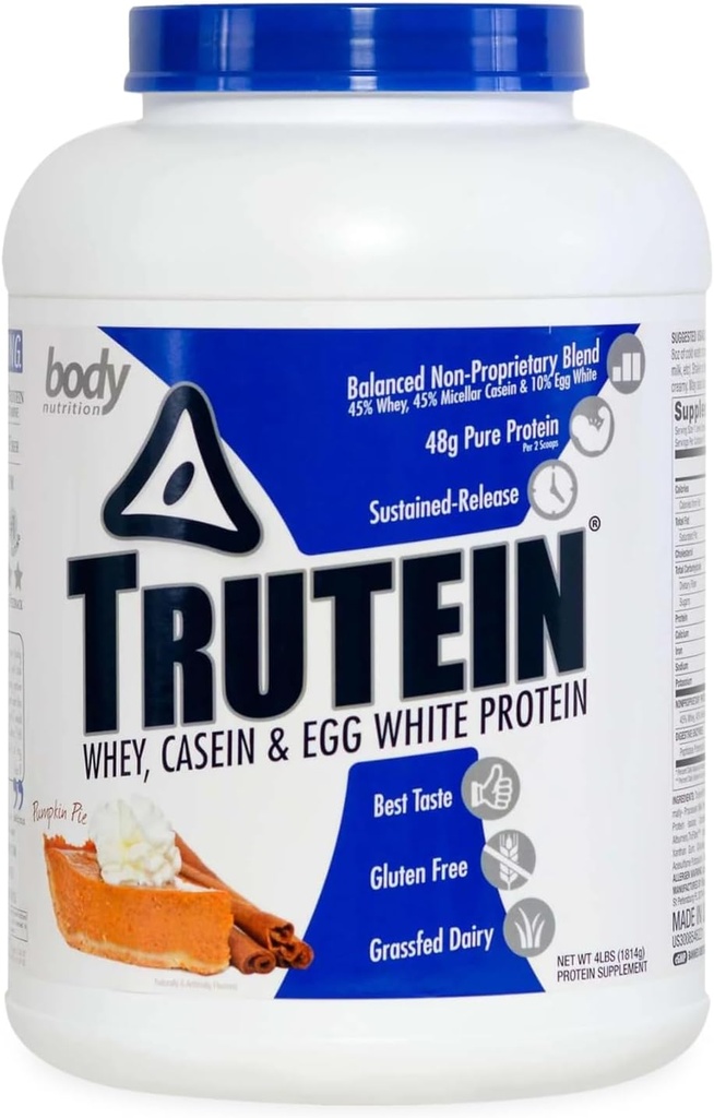 Tubuh Nutrition Trutein High Powder: 45% Whey, 45% Casein, 10% Egg White, Gluten- Free, Low Sodium, Grass Fed Whey Protein Powder, Gym Suplemen & Breakfast, Pumpkin Pie, 4lb