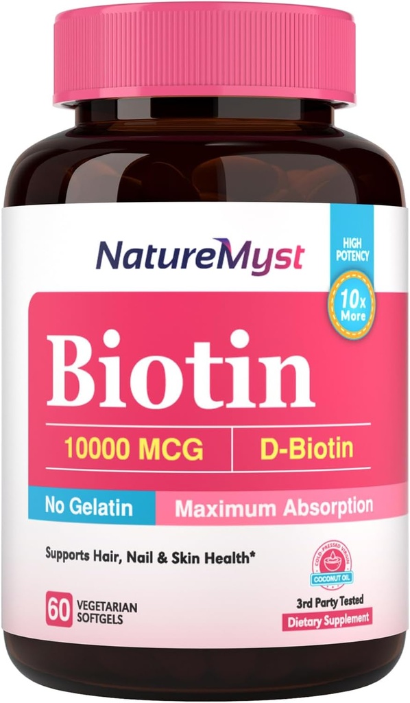 Biotin 10.000 mcg, Potensi Tinggi, Biologis Aktif, Cold- Menekan Minyak Kelainan untuk Absorpsi Maksimum, No Grintin, Rambut, Nails, Skin, 60 Vegetarian Softgels