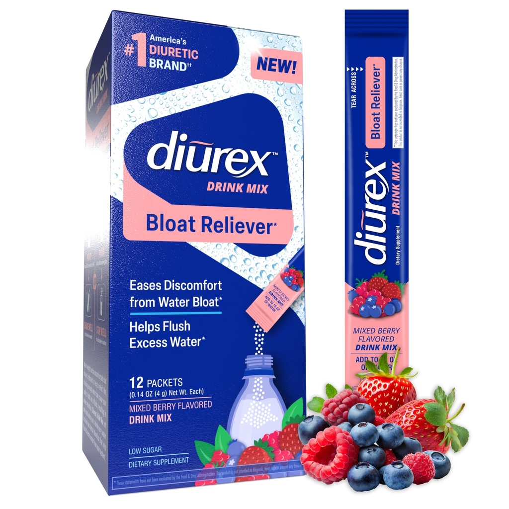 Diurex Drink Mix - Diuretic Supplement - Campuran Berry Flavor - Bloat Relief dengan Diurex Bloat Proprietary - Relieving Blend - Single Serve - 12 Pack