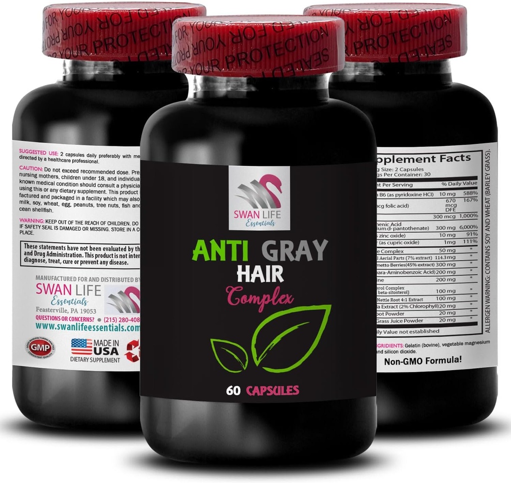 Suplemen rambut abu-abu - ANTI GRAY HAIR KOMPLEX - Anti pil rambut abu-abu, nada segar, peremajaan warna, warna cerah, kontrol warna rambut, kapsul anti abu-abu, muda terlihat 1 Bottle 60 Kapsul