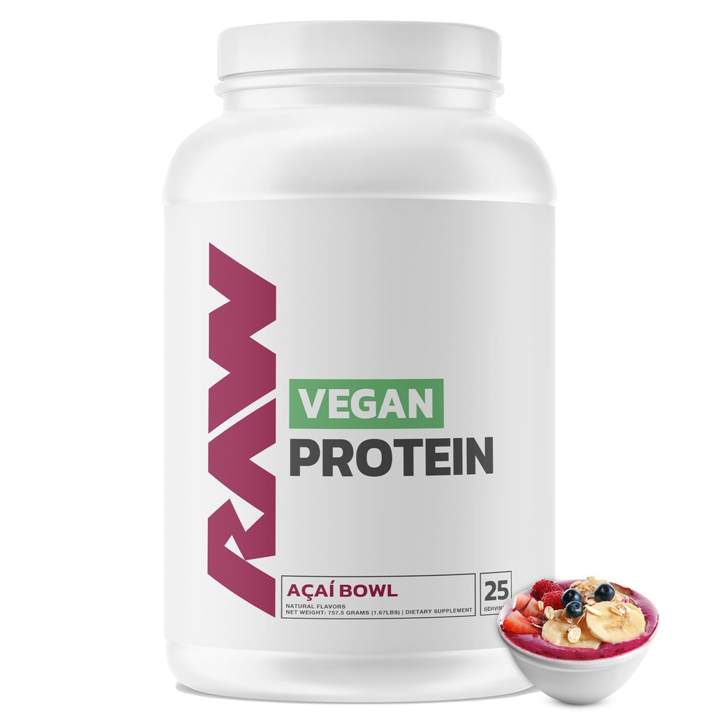 RaW Vegan Protein Powder, Acai Bowl - 20g dari Powder Protein berbasis dan dilindungi dengan Vitamin untuk Perkembangan Muscle & Recovery - Lower-Fat, Low Carb, Alamly Flavored & Sweetened - 25 Hamba