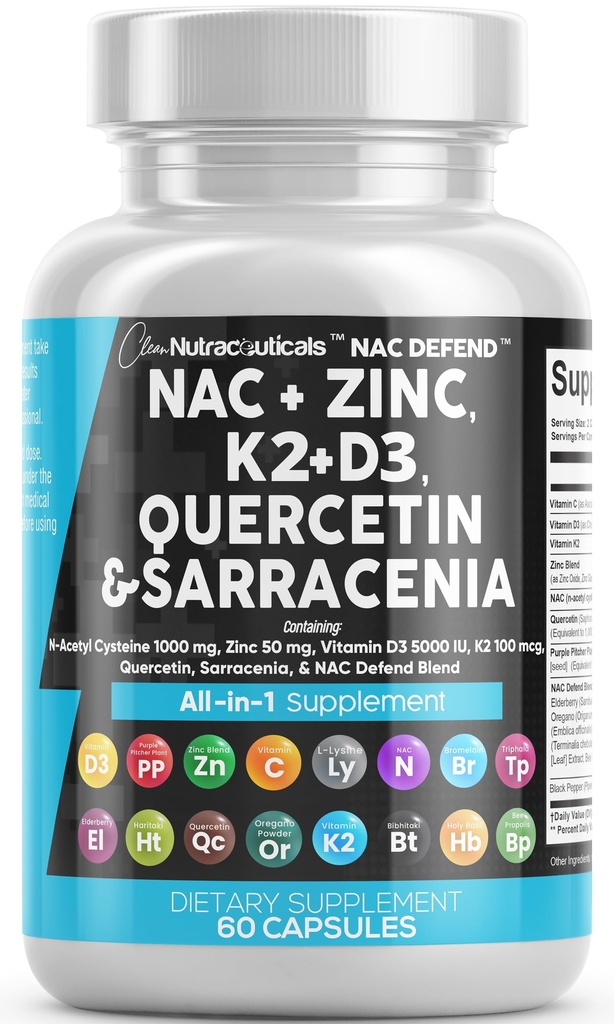 Tambahan NAC N- Acetyl Cysteine Vitamin D3 K2 Zinc Quercetin Sarasenia Purpurea Ammune Dukungan: 124; Elderberry Holy Basil Bee Propolis L- Lysine Capsules Suplemen Untuk Pria Dewasa Perempuan