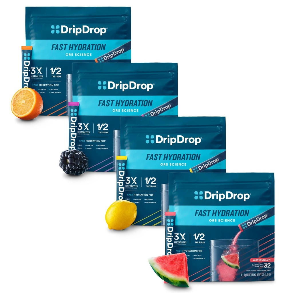 DripDrop Hidration - Electrolyte Powder Pawder - Watermelon, Berry, Lemon, Orange - Value Variety Bundle - 128 Count