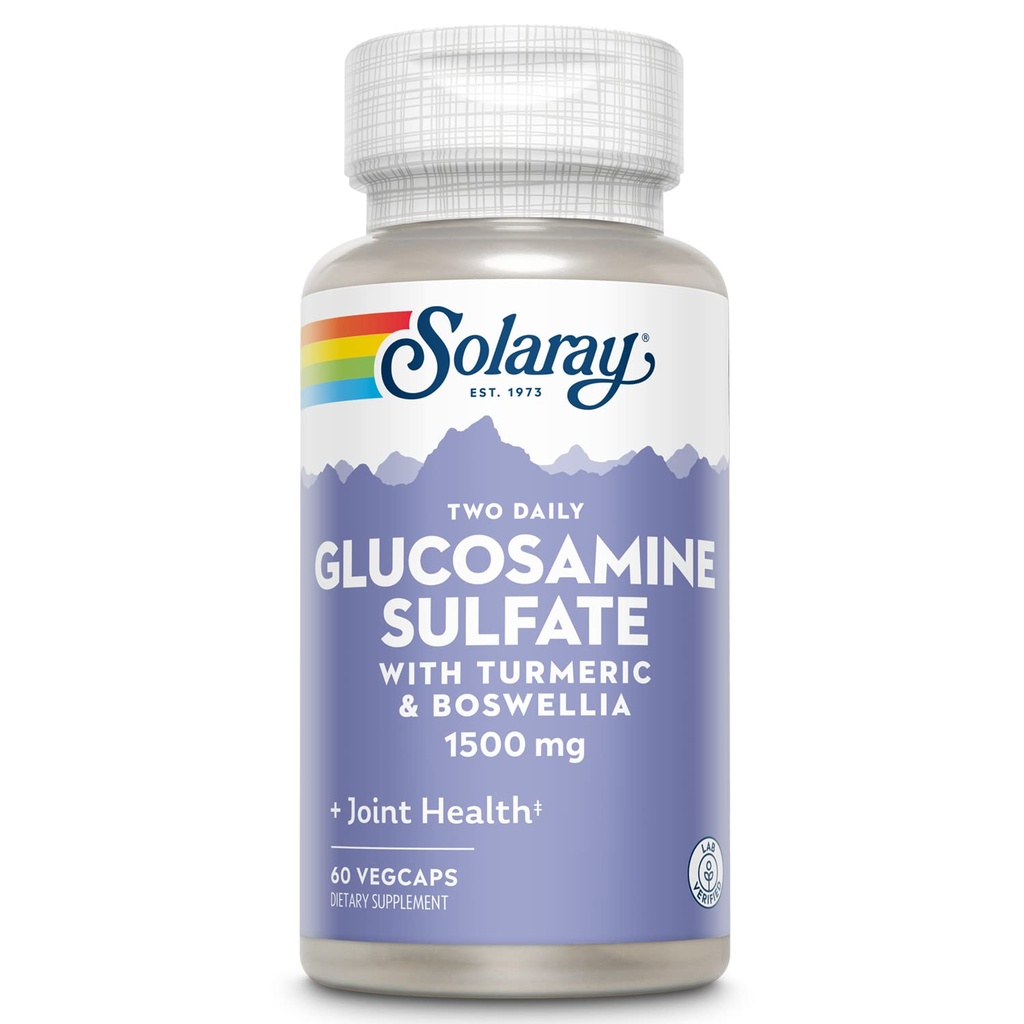Glucosamin SOLARAY Sulfate 1500mg, Dukungan Bersama Sehat, Jaringan Terkuat dan Formula Kesehatan Gabungan dengan Turmeric & Boswellia, Jaminan Uang 60 Hari, 30 Serv, 60 VevCaps